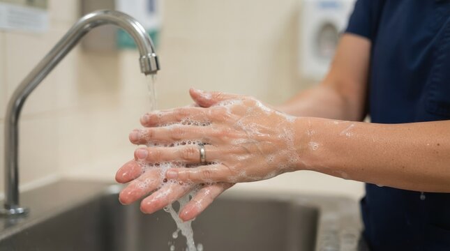 Female nurse washing hands with soap and water under a faucet in a clinic healthcare hygiene concept