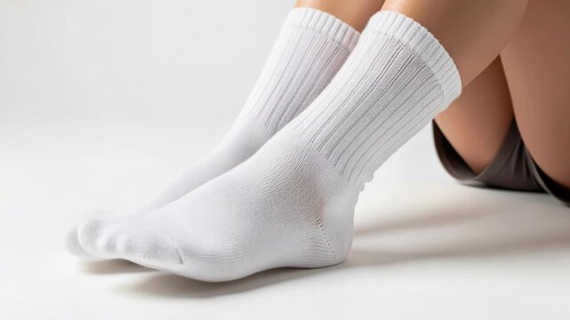 Comfortable White Socks: A close-up shot showcases a pair of clean, white, ribbed crew socks worn on a person's feet. The socks appear soft and comfortable.