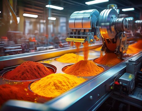 automated food production line mixing vibrant spices in a factory showcasing industrial automation and culinary technology