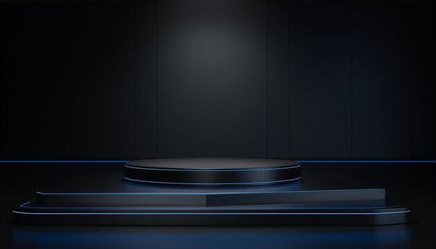 Empty circular podium on a layered black stage with subtle blue neon accents, dramatic studio lighting, and a sleek futuristic backdrop for product presentation or advertising.