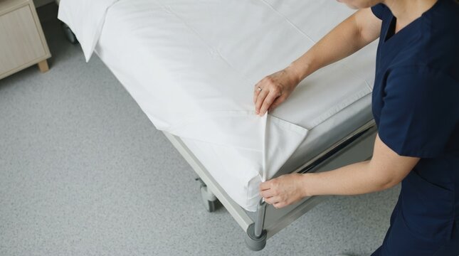 Female nurse making hospital bed with white sheets in medical room, healthcare and caregiving concept