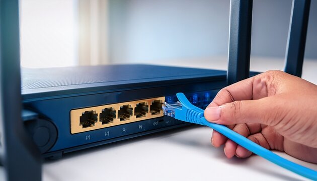 hand plugging blue ethernet cable into lan port on modern wi fi router for home network connection