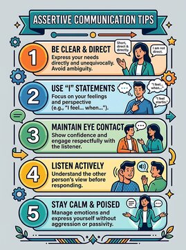 Assertive communication tips infographic for social and work skills