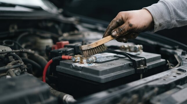 Mechanic cleaning corrosion from a car battery terminal with a wire brush in an engine bay