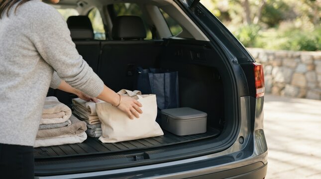 Woman loading luggage and bags into the car trunk for a road trip travel journey