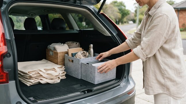 Woman organizing felt storage boxes in car trunk for road trip travel preparation