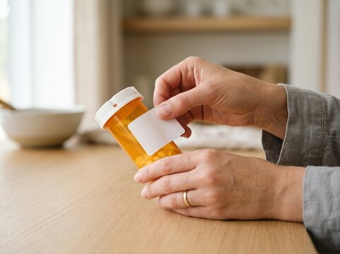 Middle-aged woman peeling label off a medicine bottle at home