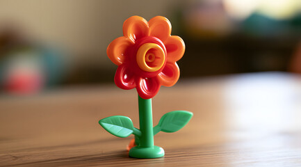 Obraz premium A vivid, plastic flower toy featuring an orange and red body, accompanied by a green stem and green leaves, situated on a wooden table with a hazy backdrop.