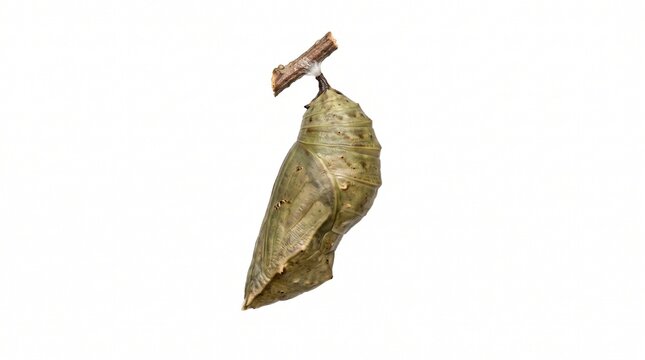 Butterfly Pupa Or Chrysalis Hanging From Twig Isolated On White
