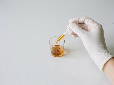 Gloved hand using a dropper to add golden liquid into a small measuring cup for laboratory experiment