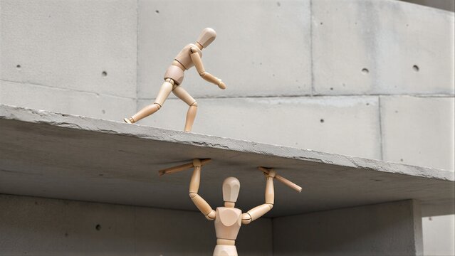 Wooden figure climbs concrete ledge, another below holds tools.
