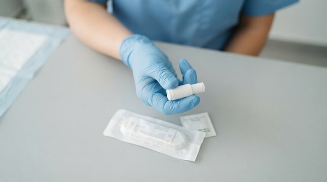 Medical professional in blue scrubs and gloves holding test kit tube in clinical setting