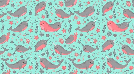 Cute narwhal seamless pattern with marine life on green background