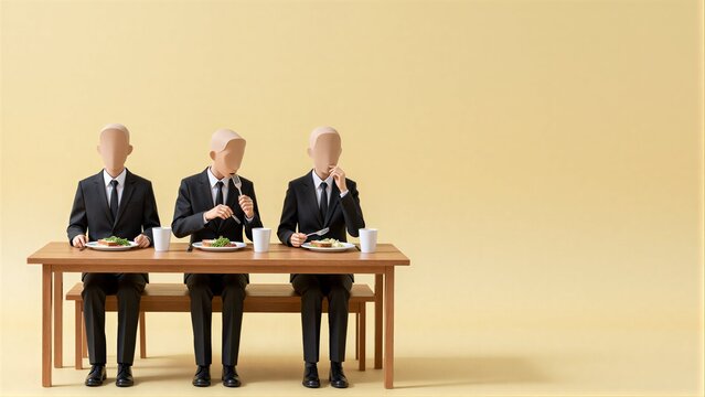 Three faceless men in suits eat lunch at a wooden table.