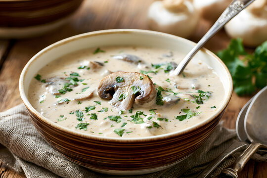Herby mushroom soup with a rich texture.