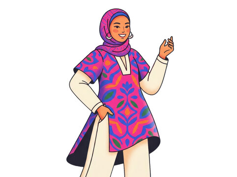 A smiling muslim woman in a vibrant patterned tunic and hijab stands against a clean white background in a cheerful flat vector illustration.