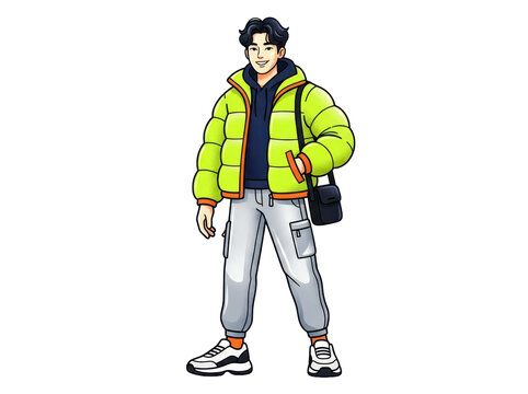 A stylish young asian man standing in a bright neon puffer jacket and cargo pants, illustrated in a vibrant modern cartoon art style.