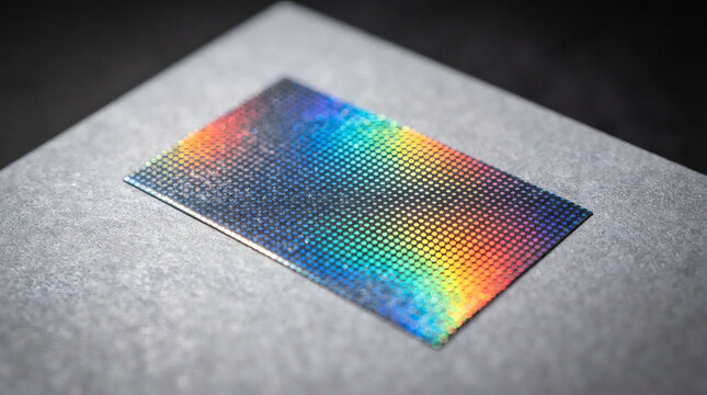 Premium abstract iridescent rainbow laser holographic hot stamping foil texture with repeating geometric micro dot grid pattern luxury packaging design b2b background copy space