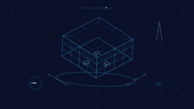 Digital Blueprint of Isometric Architectural Structure on Blue Grid