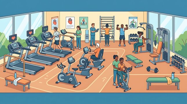 Patients and medical staff in a cardiac rehabilitation center gym