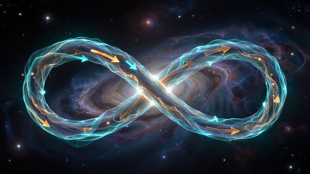 Cosmic infinity symbol glows with energy arrows, swirling through starry galaxy backdrop.