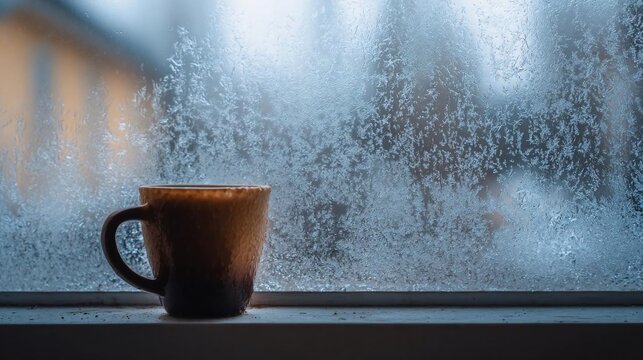Hot coffee cup standing on a windowsill against a frosty winter window with ice patterns