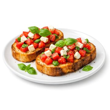 Fresh bruschetta with tomatoes and feta on white plate.