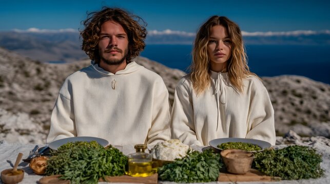 vegan couple enjoying meal outdoors, conscious living concept, natural environment, lifestyle stock photo