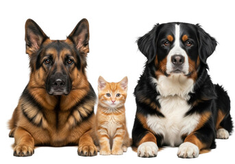 Fototapeta premium A german shepherd, bernese mountain dog, and a tabby kitten posed together on a transparent studio background. Concept of veterinary care and pet wellness