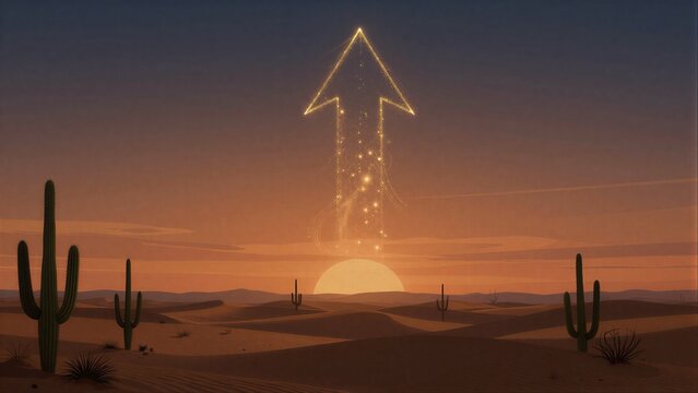 Golden arrow ascends over desert sunset, guiding hope through cactus-dotted sands.