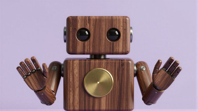 Wooden robot with expressive hands, friendly face, and warm metallic accents.