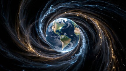 Earth spins through cosmic energy swirls, glowing with celestial power.