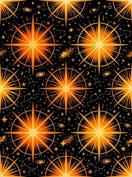Bright orange starburst and galaxy celestial pattern on black background
