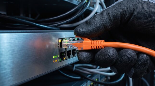 Technician wearing protective gloves plugging an orange ethernet cable into a network switch in a server room.