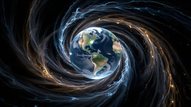 Earth spins through cosmic energy swirls, glowing with celestial power.
