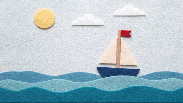 A handcrafted felt illustration of a small blue sailboat sailing on layered ocean waves under a bright yellow sun and white clouds in a light blue sky.