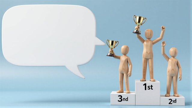 Wooden figures on podium with trophies, speech bubble suggests achievement or recognition.