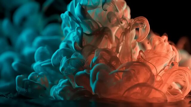 Orange and cyan ink plumes swirl together in a dark environment to form intricate artistic shapes.