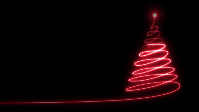 Minimalist glowing red neon light line of a stylized christmas tree shape isolated on a dark black background for holiday season themes