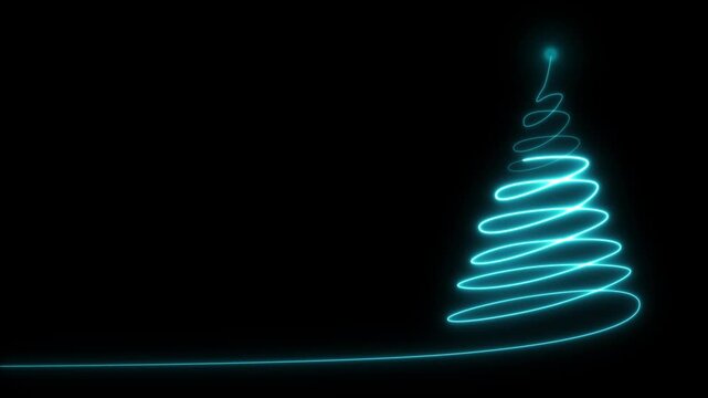 Minimalist glowing cyan neon light line of a stylized christmas tree shape isolated on a dark black background for holiday season themes