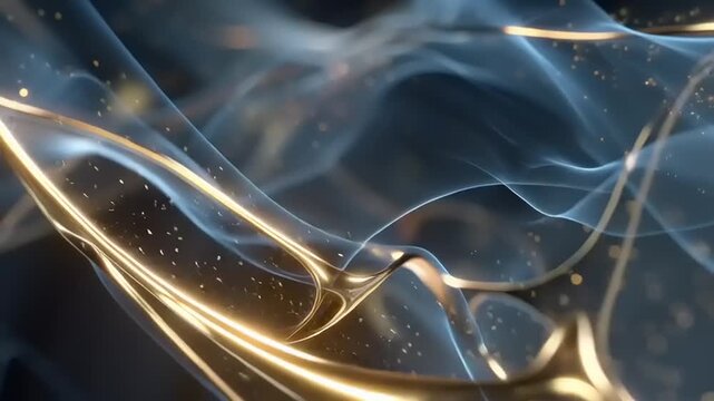 Abstract silk-like ribbons of blue and gold create a fluid texture interspersed with luminous dots.