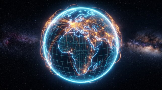 Glowing earth with network connections in space with digital globe blue orange lines representing global connections against starry night sky