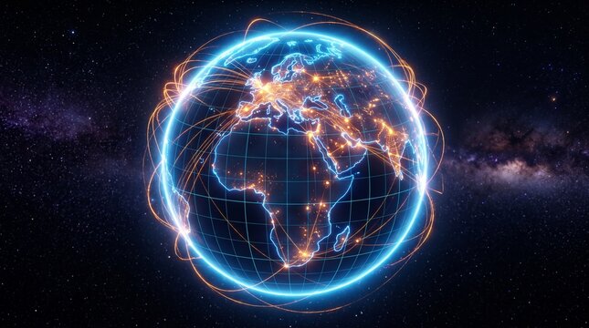 Glowing earth with network connections in space with connections city lights lights against starry blue earth orange starry night sky communication