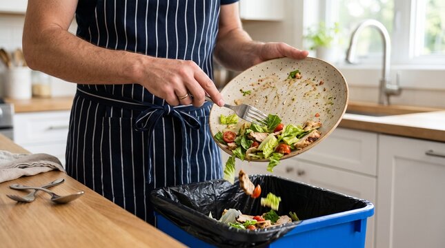 Person scraping leftover salad into kitchen trash with kitchen counter food waste environment disposal recycle cooking eating apron plate with meal