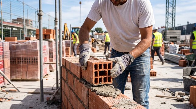 Bricklayer constructing wall on construction site with coworkers with coworkers background bricklayer building equipment industry scaffold with hardhat