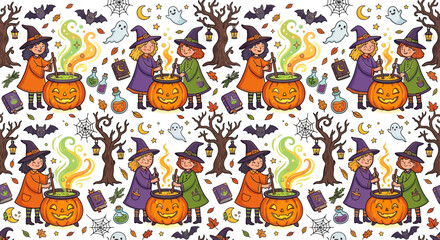 Fototapeta premium Cute Witches Brewing Potions Seamless Pattern