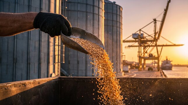 Grain pouring from metal scoop into truck at industrial port during sunset with industrial silos crane background pouring golden grains gloved hand pouring