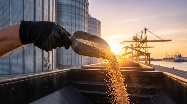 Gloved hand pouring grain from scoop at sunset near industrial port with scoop large container grain handling agriculture shipping industry with harvest
