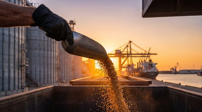 Grain pouring from scoop at industrial port during sunset with large container industrial gloved hand pouring grain metal transportation agriculture