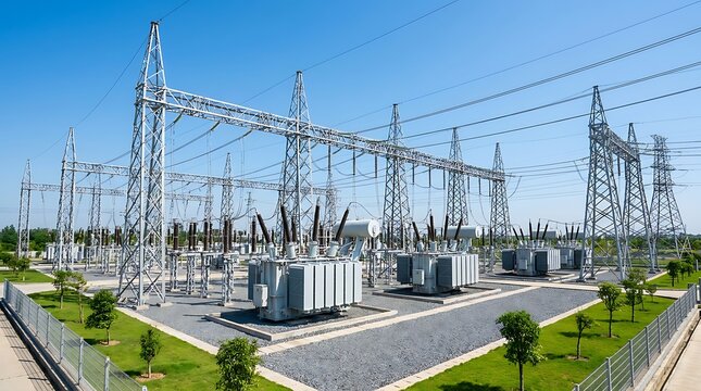 Expansive high-voltage power substation with robust transformers and extensive network of transmission lines, essential for modern electricity infrastructure and energy distribution